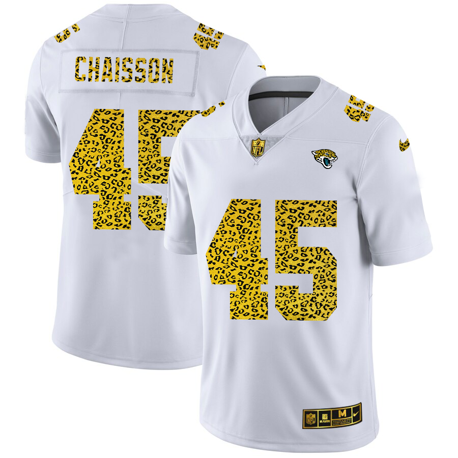 Custom Jacksonville Jaguars 45 KLavon Chaisson Men Nike Flocked Leopard Print Vapor Limited NFL Jersey White